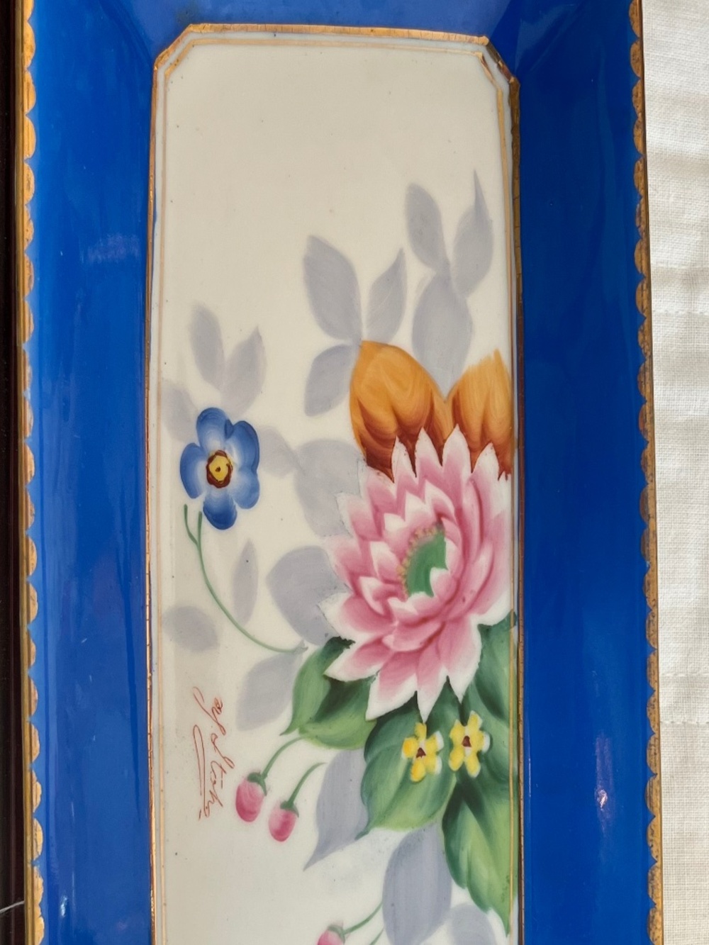 Vintage Japanese Hand Painted Porcelain Platter Cobalt Blue Gold Floral Signed